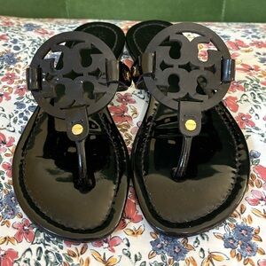 Tory Burch Miller Sandals Black Patent Leather Size 6.5 Retail $195